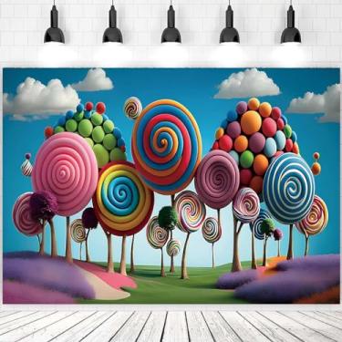 Imagem de Fundo de aniversário 3D Candyland desenho animado pirulito colorido montanha fantasia país das maravilhas doce fofo para crianças, meninas, 1º aniversário, decoração de bolo (2,4 x 1,8 m)