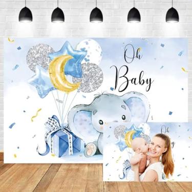 Imagem de Pano de fundo de elefante para chá de bebê, 2,1 x 1,5 m, azul elefante, prata, dourado, fundo fotográfico, banner para recém-nascidos, decoração de festa de chá de bebê, decoração de bolo, mesa de