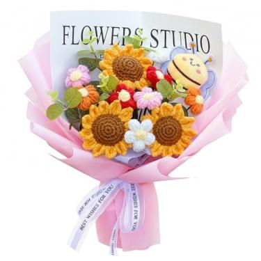 Imagem de PartyforU Buquê de flores de crochê de girassol – buquê de laranja tricotado feito à mão com abelha para amiga, mãe, amante, presente de aniversário, flores de crochê com eucalipto para decoração de