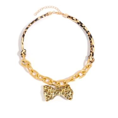 Imagem de liveliwithmin Corrente grossa de clipe de papel leopardo amor coração laço gargantilha colar com estampa de chita para ela, one size, Metal, Sem Pedra Preciosa