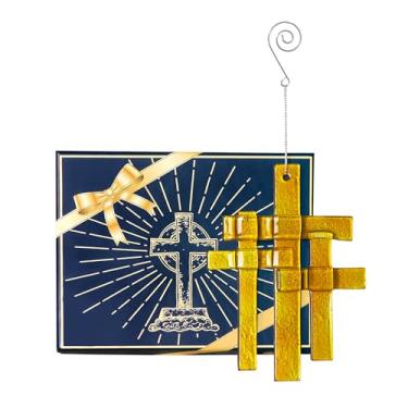 Imagem de Enfeites de pendurar em cruz de palmeira de vidro feitos à mão, enfeite de três cruzes, para decoração de memorial de árvore de Natal, batismo, presentes de aborto espontâneo para mães cristãs