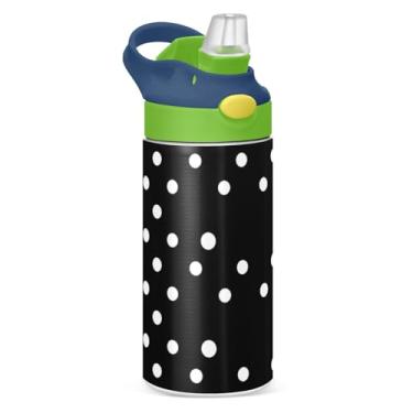 Imagem de JUZIHAI Garrafas de água infantis com fundo preto de bolinhas brancas de 350 ml, isolada a vácuo, com tampa de palha, copo de viagem à prova de vazamento