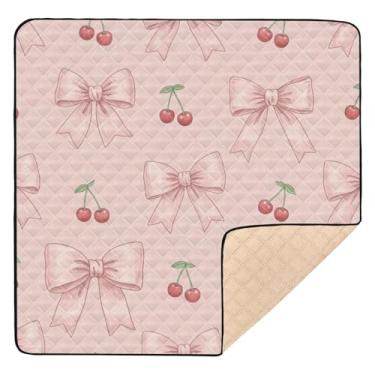 Imagem de Qilmy Tapete de brincar de bebê com laço de flor de cerejeira 127 x 127 cm, tapete macio à prova d'água para bebês pequenas, tapete antiderrapante lavável para cercadinho