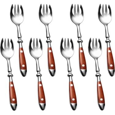 Imagem de QUEARI Garfos de aço inoxidável, pacote com 8, garfos de salada e colheres de 17 cm com cabo de baquelite de grão de madeira para sobremesa, sorvete, salada, sopa, macarrão, espaguete, pode ser lavado