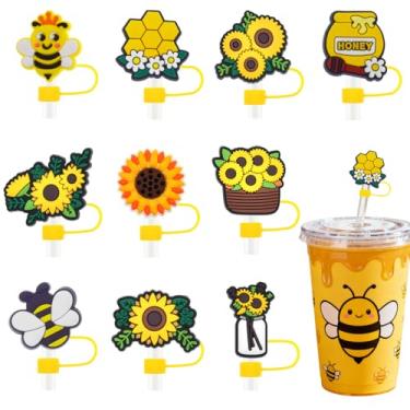 Imagem de 10 tampas de cobertura de palha de girassol de 10 mm tampas de palha de silicone reutilizáveis para 30 copos de 1,134 g com alça flores fofas padrões de mel de abelha protetores de canudos protetores