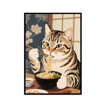 Imagem de Arte de parede em tela de gato preto engraçado vintage japonês gato comendo ramen imagem única amante de gatos para decoração de parede de cozinha e sala de jantar (SKU6,12 x 45,7 cm = (30 x 45 cm
