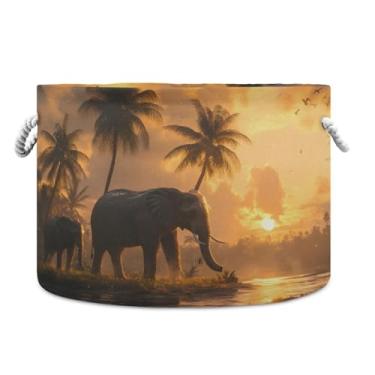 Imagem de JUZIHAI Cesta de armazenamento dobrável para elefantes e palmeiras, cesto de roupa suja para bebê, cobertor com alças de corda de algodão, caixa organizadora de armário dobrável para quarto, berçário