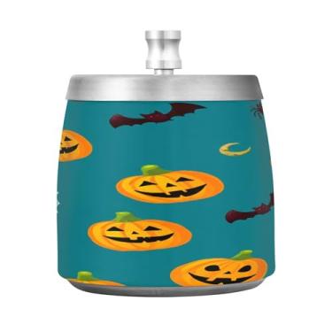Imagem de Qilmy Cinzeiro assustador de aço inoxidável de abóbora de Halloween com tampa - Cinzeiro de cigarro à prova de vento sem cheiro sem fumaça para casa, escritório, carro, pátio, varanda (uso interno e