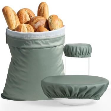 Imagem de Wesnoy Conjunto de 3 sacos de pão com tampa de tigela e tampa de pote para massa fermentada caseira, reutilizável, fácil de limpar, presentes portáteis para amantes de confeitaria (verde)