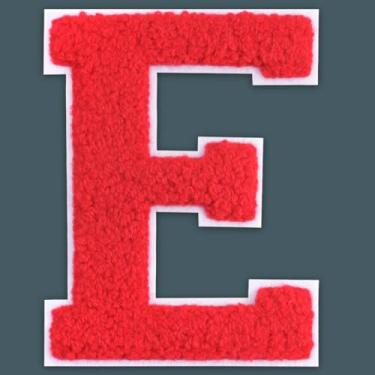 Imagem de QianSiLi Adesivos de letras universitárias de chenille vermelho de 15 cm, letras grandes para jaquetas Letterman, moletons com capuz, mochilas, coletes, roupas, adesivos individuais de letra E