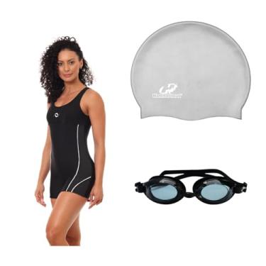 Imagem de Kit Natação Macaquinho Óculus Proteção UV e Touca Silicone Grande (Preto - Óculos Preto, M)