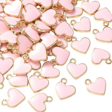 Imagem de SOFPLATE 1 caixa, 100 peças, pingentes de coração esmaltado, rosa, brincos estéticos, liga de ouro, formato de coração plano, amor dos namorados, pequenos pingentes pendurados para fazer joias