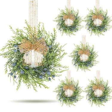 Imagem de 6 peças pequenas guirlanda de armário de bagas azuis de inverno, mini guirlandas de cozinha, guirlanda vintage com fita de serapilheira retrô para casa de fazenda, casa rústica, janela, pilar, cadeira