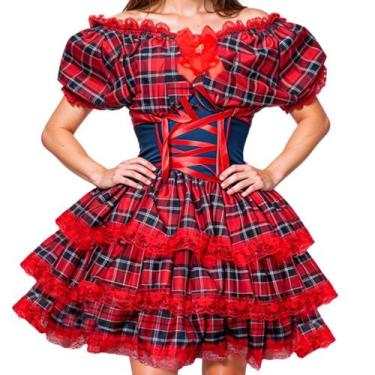 Imagem de Vestido Feminino de Festa Junina Luxo Xadrez Super Rodado Acinturado C