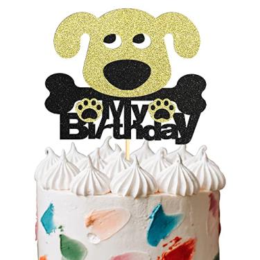 Imagem de Topos de bolo de aniversário de cachorro, decorações de bolo com glitter preto e dourado, topos de bolo de cachorro feliz para festa temática de aniversário de cachorro, 1 peça