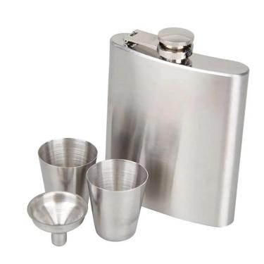 Imagem de Cantil Whiskeira de Bolso Porta Bebidas Copo e Funil em Aço Inox 230ml-Unissex