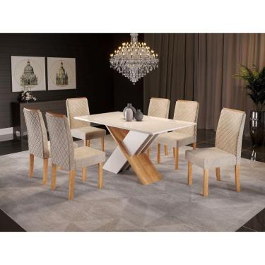 Imagem de Conjunto Sala de Jantar Mesa Sarah Tampo Vidro com 6 Cadeiras Elegance Sonetto Móveis Mel/Off White