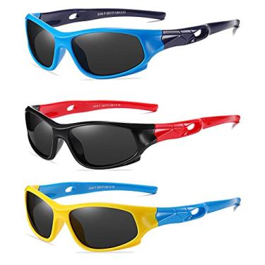 Imagem de DYLB Pacote com 3 óculos de sol flexíveis com lentes polarizadas para meninos e meninas com alça, óculos de sol esportivos para crianças de 3 a 10 anos., Azul, azul escuro, preto, vermelho, amarelo,