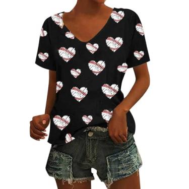 Imagem de Camiseta feminina de beisebol, estampada, manga curta, gola V, folgada, presentes engraçados, túnica, camiseta de verão, Preto, M