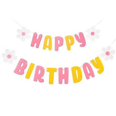 Imagem de Banner de feliz aniversário pastel, faixa de feliz aniversário de feltro com faixa de guirlanda de flores para decorações de festa de aniversário arco-íris, decorações de aniversário fofas pré-amarradas banner de feliz aniversário