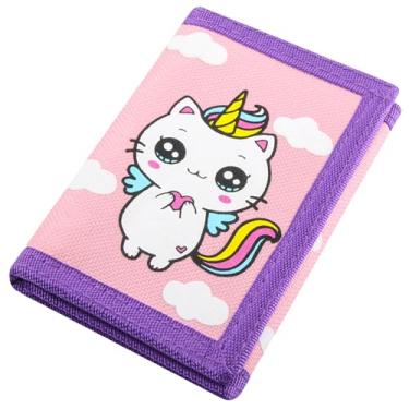 Imagem de Carteira masculina esportiva de lona com três dobras RFID, linda bolsa de moedas com zíper e bolso frontal para crianças, cor camuflada, Gato unicórnio rosa, Small, Estilo de desenho animado