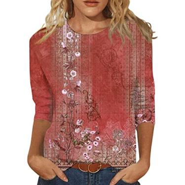 Imagem de Camisetas femininas casuais de manga 3/4, gola redonda, linda estampa floral, camisetas básicas, blusas folgadas, 3 - Rosa choque, G