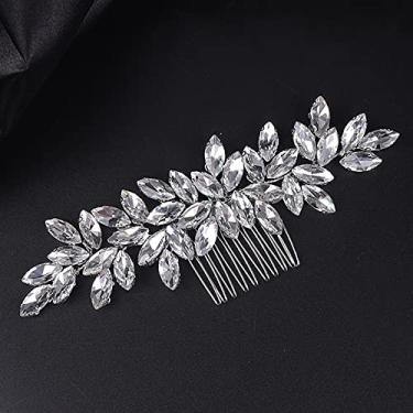 Imagem de Teyglen Pente de cabelo feminino para casamento, prata, 15 x 6 cm/5,9 x 2,36 polegadas, liga + strass, acessórios de cabelo luxuosos, pentes de cabelo laterais de strass brilhantes para mulheres,