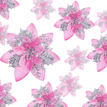 Imagem de 24 peças de natal glitter poinsétia artificial flores natal poinsétia decorações de flores de casamento artificiais enfeites de árvore de natal com clipes para brindes de festa, 15,2 cm, 10,1 cm, 7,6 cm (rosa e prata)