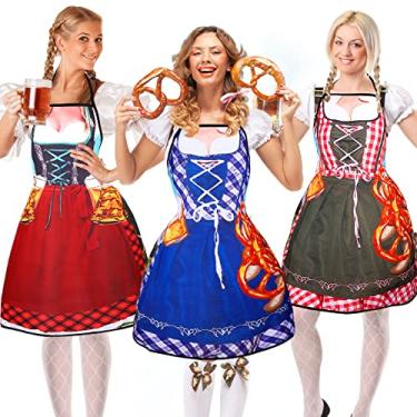 Imagem de 3 peças Oktoberfest avental feminino Dirndl alemão com laços longos Oktoberfest decorações para fantasia feminina, cozinha, churrasco, artigos de festa, 78 x 61 cm, vermelho, azul e verde