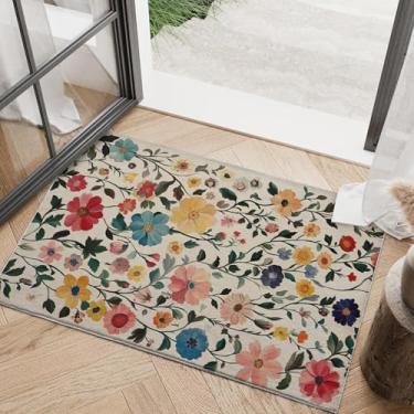 Imagem de Tapete floral 2x3 flores coloridas bege pequeno tapete lavável à máquina tapetes de chão de pelo baixo boho botânico impressão interior macio tapete antiderrapante para entrada, banheiro, cozinha,