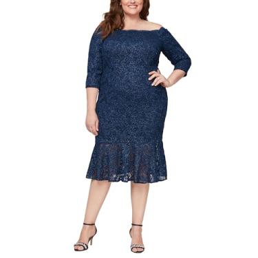 Imagem de Alex Evenings Vestido feminino plus size tomara que caia, ombro a ombro e bainha flounce, vestido coquetel mãe da noiva, Renda recortada azul-marinho, 52