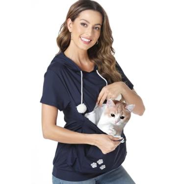 Imagem de ZIIFULLHOU Blusa feminina para animais de estimação gatinho com capuz fino de manga curta canguru, Azul marino, G-GG