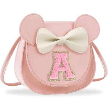 Imagem de Presentes de aniversário para meninas de 2, 3, 4, 5, 6, 7, 8, 9 e 10 anos de idade, bolsa infantil infantil para meninas pequenas com laço de orelha de rato personalizado, Letra rosa grande, A, A