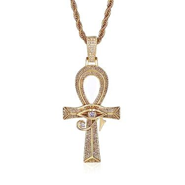 Imagem de LuxeFlex Colar de cruz de Jesus com diamante gótico gelado com corrente de corda de aço inoxidável de 61 cm, pingente banhado a ouro 14 quilates, joias de cruz religiosa, joias underground hip-hop para homens e mulheres, 1.81in(L)*1.38in(W), Banhado a ouro, Zircônia cúbica