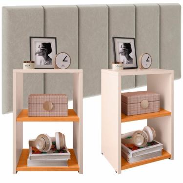 Imagem de Jogo Quarto 2 Mesas Pequena Bella Retrô Off/Cinamomo Cabeceira Suspensa Júlia 1,95 Cama Box Casal King Size Bege Suede - RPM