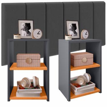 Imagem de Jogo Quarto 2 Mesas Pequena Bella Retrô Cabeceira Suspensa Júlia 1,95 Cama Box Casal King Size Suede - Cinza/Cinamomo - RPM