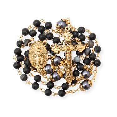 Imagem de Nazareth Store Colar de rosário católico, contas de pedra fosca, pérolas verdes, contas redondas, medalha milagrosa e cruz - bolsa de veludo, Cristal, Sem Pedra Preciosa