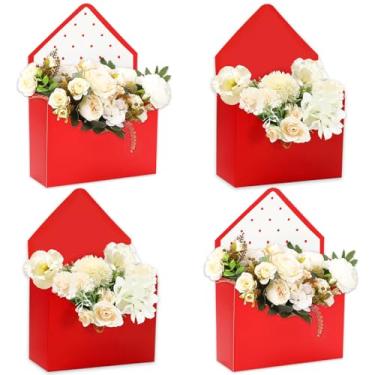 Imagem de FYSUIMU 4 peças caixa de envelope floral vazia flores caixa de papel florista buquê caixa de embalagem para arranjos de festa de aniversário de casamento dia das mães, vermelho, ponto puro