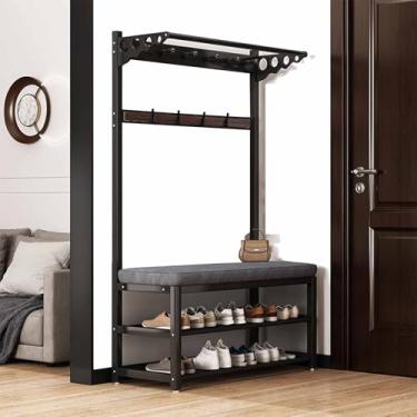 Imagem de Cabideiro, árvore de corredor com banco de sapatos, armazenamento de sapatos de entrada com suporte para casacos, 10 ganchos móveis, armazenamento de sapatos de entrada com suporte de casaco, para