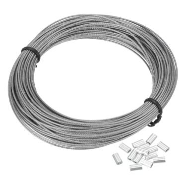 Imagem de PATIKIL Corda de arame de 1/81.3 cm, cabo de aço inoxidável 304 de 20 m revestido de vinil preto com 20 peças de mangas de crimpagem M1 para pendurar luzes de varal, fio de treliça, transparente