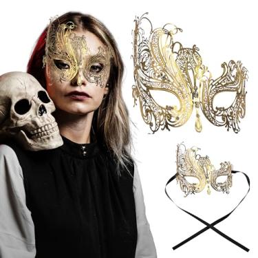Imagem de Máscara feminina de filigrana de metal – máscara estilo cisne com strass para carnaval, baile, dia das bruxas e festas venezianas, Ouro/pedras transparentes, tamanho nico