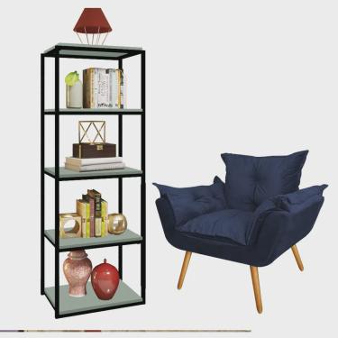 Imagem de Kit Poltrona Fatte com Estante Livreiro Ferro Preto mdf Verde Oliva Suede Azul Marinho - Ahazzo Móveis
