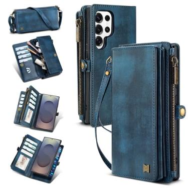 Imagem de QIXIU Capa carteira para Samsung Galaxy S25 Ultra (comporta batom, fones de ouvido, etc.), capa de telefone magnética portátil multifuncional de couro sintético com bloqueio RFID, alça de ombro e alça