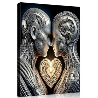 Imagem de Quadro 3D Emoldurado Love Wall Art Canvas Mural Futurista Inteligência Artificial Galeria Casal e Coração Luminoso Ficção Científica Robô Pôster Romântico Arte Quarto Sala de Estar Escritório Sala de