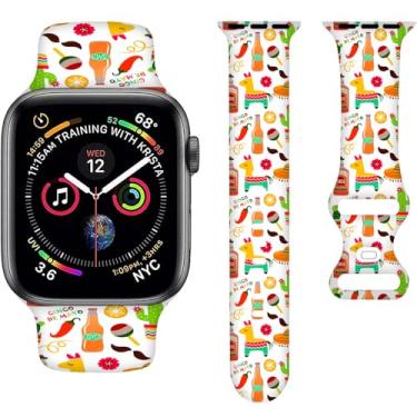 Imagem de Pulseiras coloridas com tema mexicano compatível com Apple Watch de 42 mm, 44 mm, 45 mm e 49 mm, pulseira de silicone compatível com Apple Watch Ultra Series SE 9, 8, 7, 6, 5, 4, 3, 2 e 1, para