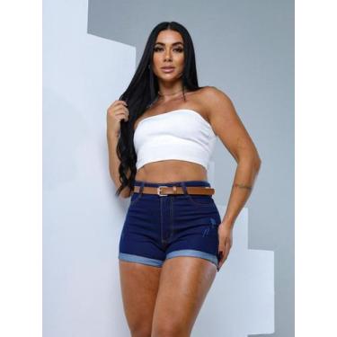 Imagem de Short Feminino Destroyed Jeans curto com cinto - Azul Escuro - Cerezo,