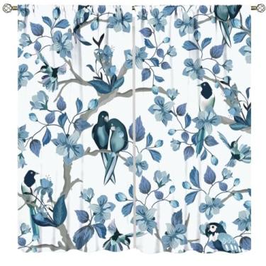 Imagem de Cortinas de flores de pássaros, folhas azuis, arte moderna, tratamentos de janela para quarto, sala de estar, cozinha, decoração de casa, conjunto de cortinas de janela, conjunto de 2 painéis, tamanho