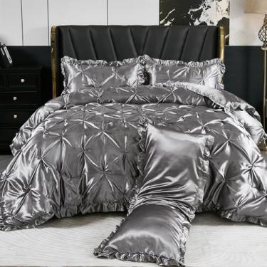 Imagem de Bedbay Conjunto de edredom de cetim cinza, tamanho king, plissado, de seda, com babados, 4 peças, com babados, de cetim, para decoração de quarto, roupa de cama de luxo para todas as estações