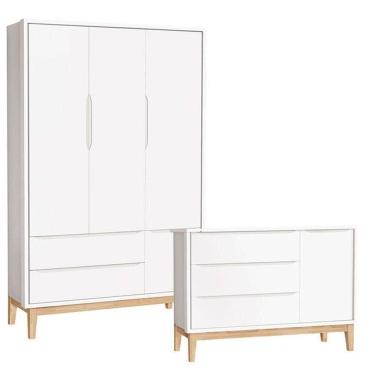 Imagem de Cômoda Com Porta E Guarda Roupa Infantil 3 Portas New Classic Branco Com Pés Madeira Natural ? Reller