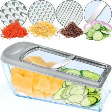 Imagem de LHS Fatiador Mandoline, 4 lâminas afiadas de aço inoxidável com recipiente de armazenamento de alimentos — Utensílios de cozinha para queijo, chocolate, legumes e frutas - Seguro para lava-louças